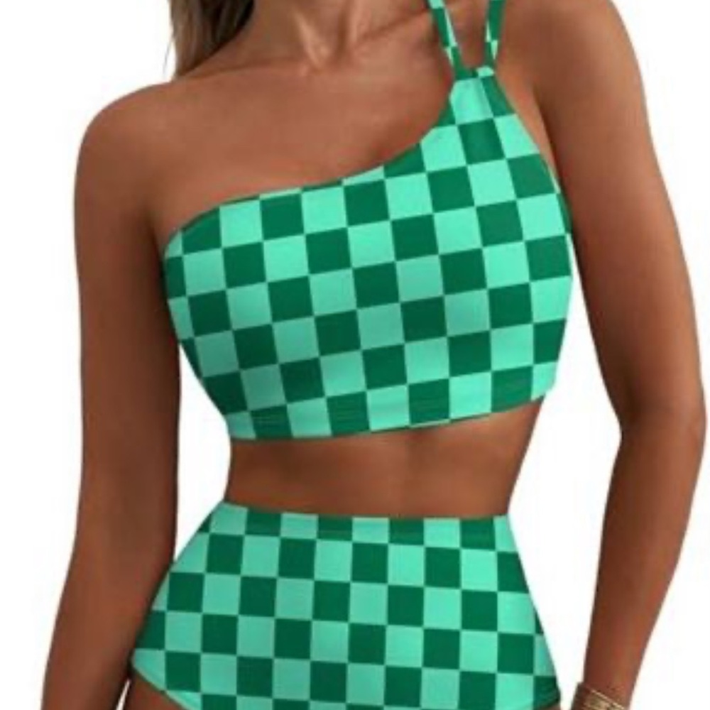 Asymmetrical One-Shoulder Checkerboard Bikini Set in Mint Green